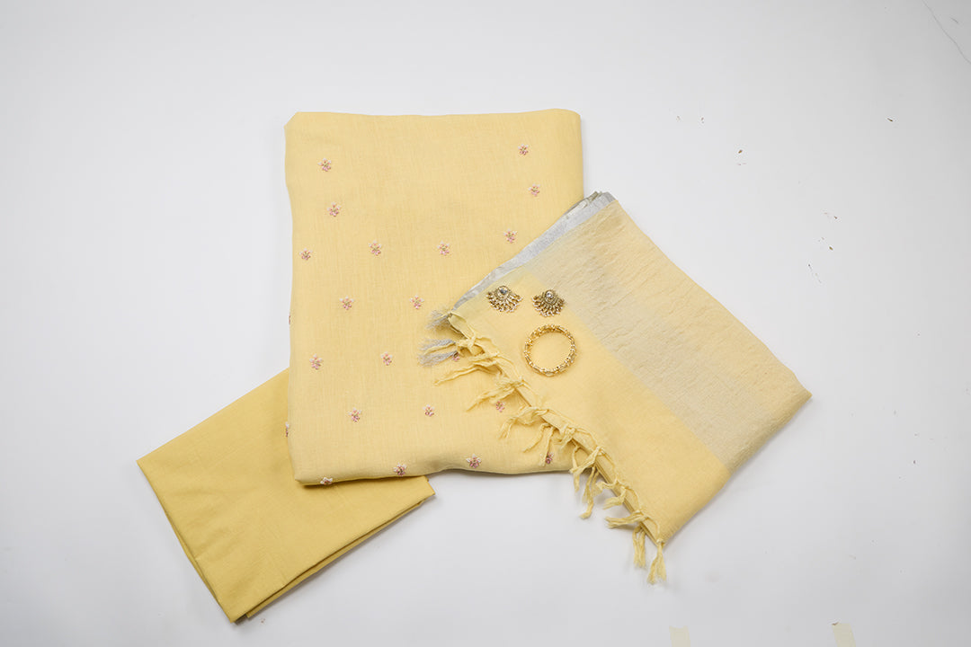 Yellow Linen Kurta Set with French Knot & Pearl Embroidery