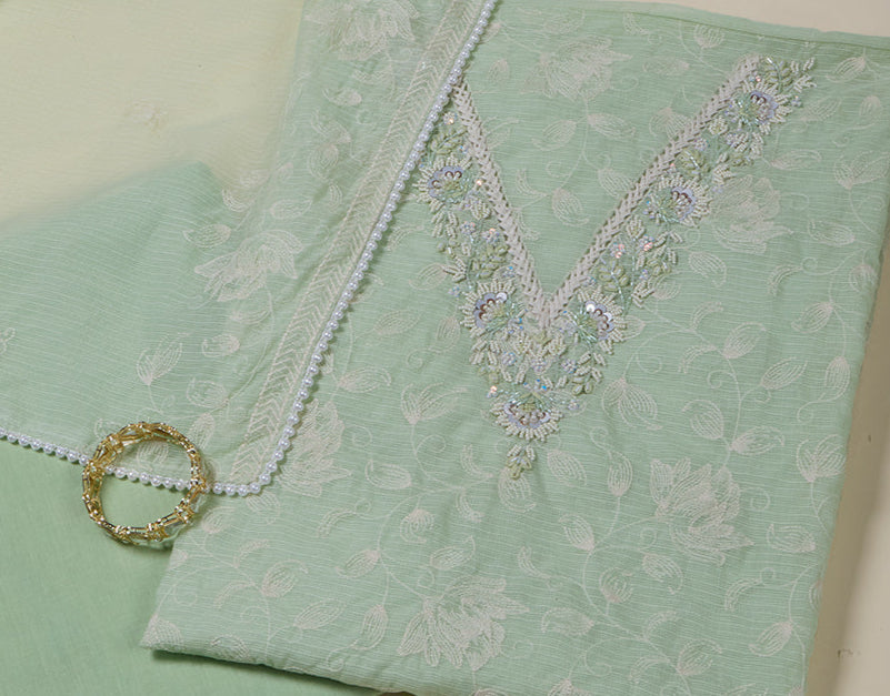 Pista Green Kota Kurta Set with Thread, Bead & Sequin Work