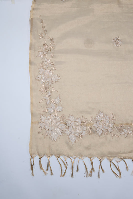 Beige-Gold Chanderi Tissue Kurta Set with Patch & Zari Work