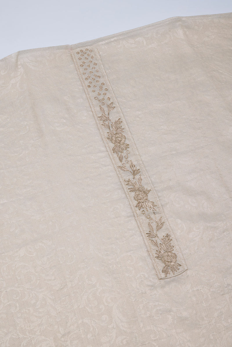 Beige-Gold Chanderi Tissue Kurta Set with Patch & Zari Work