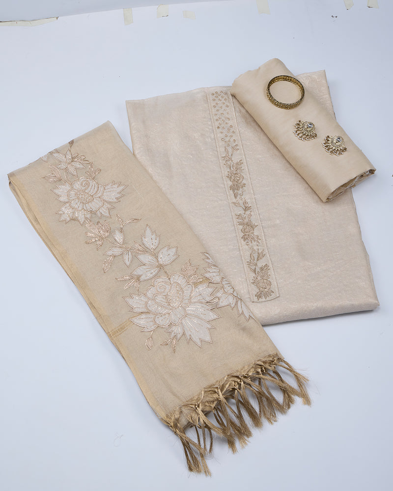Beige-Gold Chanderi Tissue Kurta Set with Patch & Zari Work