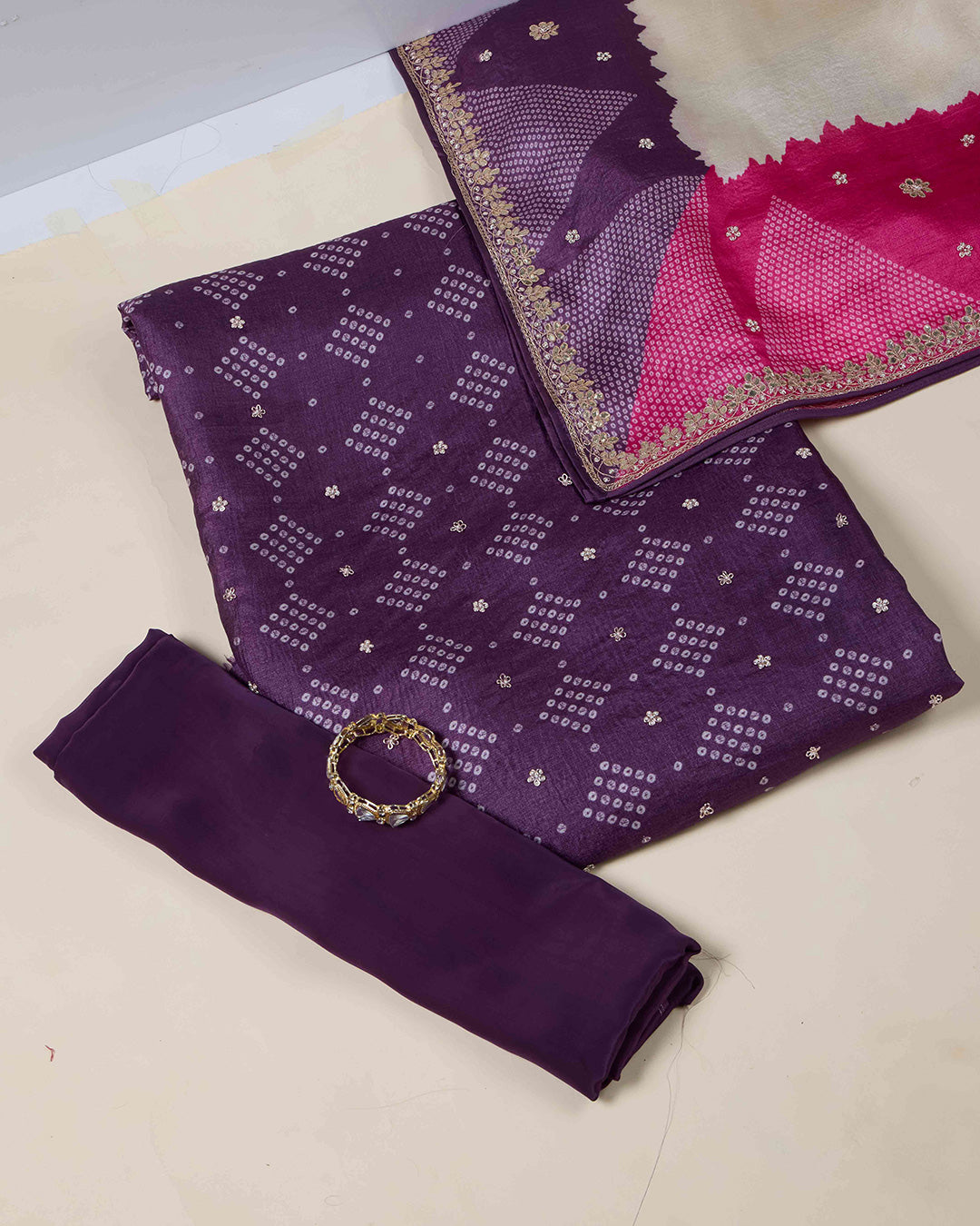 Dark Purple Bandhej Tussar Kurta Set with Gota & Pearl Work