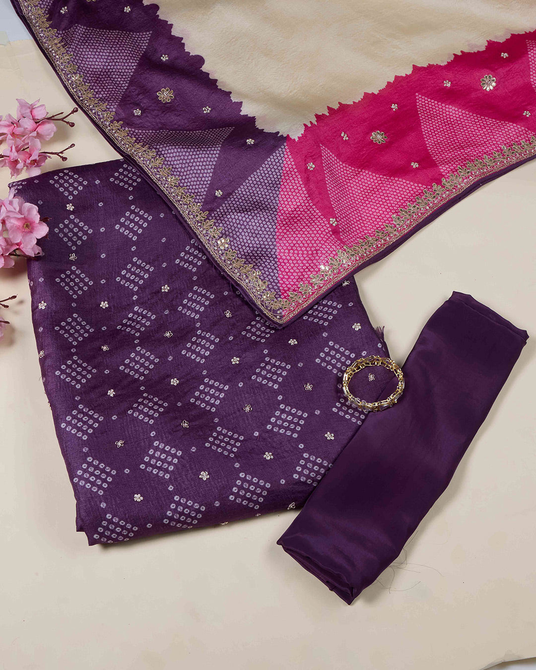 Dark Purple Bandhej Tussar Kurta Set with Gota & Pearl Work
