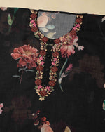 Black Digital Printed Linen Kurta Set with Thread Embroidery