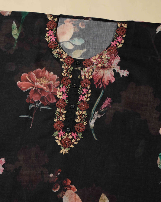 Black Digital Printed Linen Kurta Set with Thread Embroidery