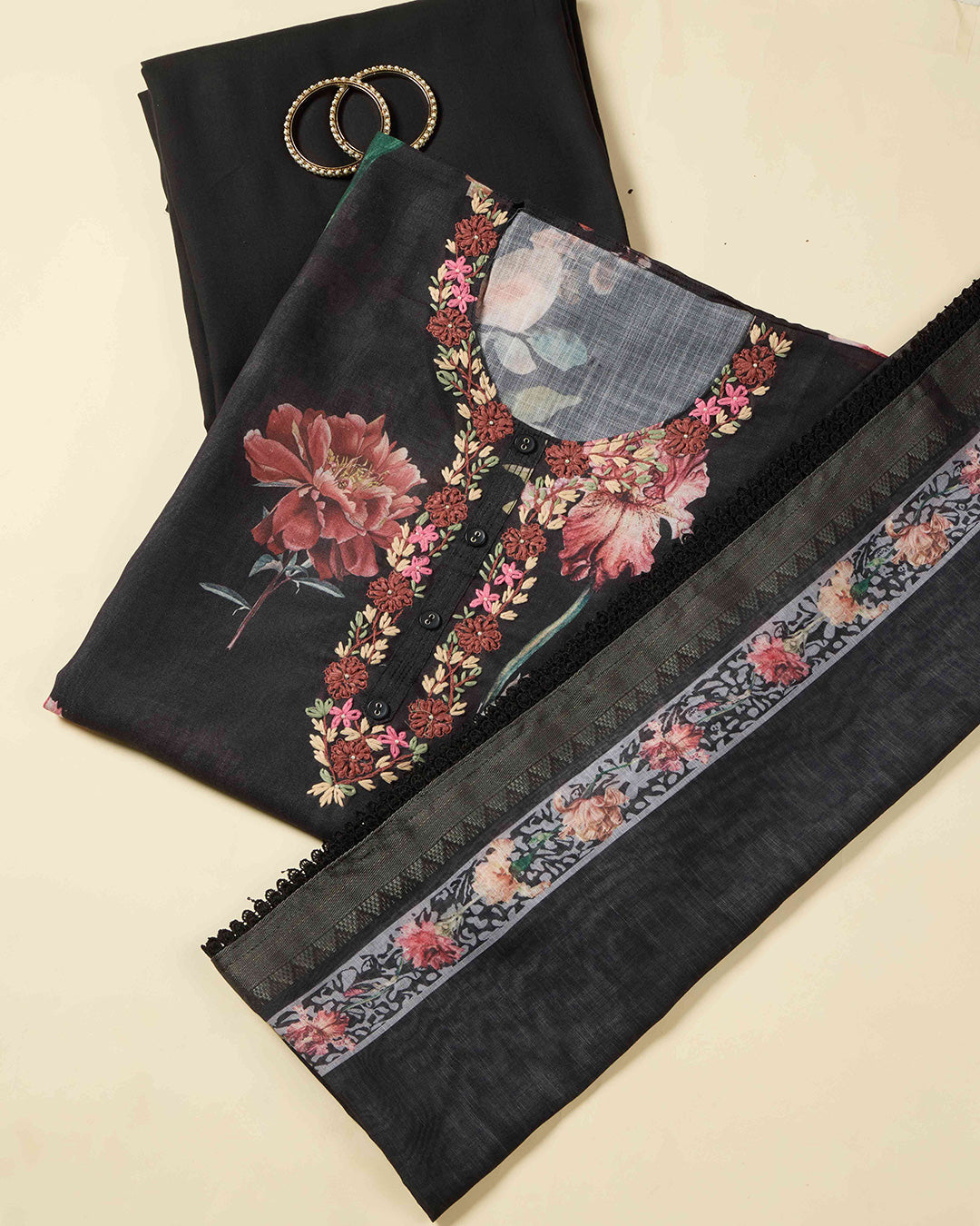 Black Digital Printed Linen Kurta Set with Thread Embroidery