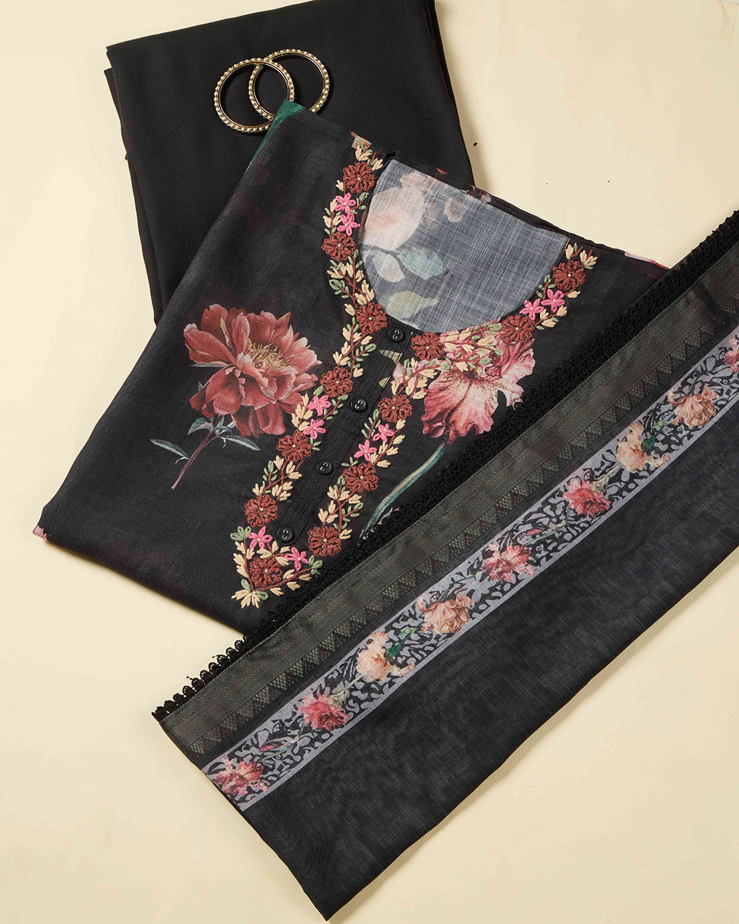 Black Digital Printed Linen Kurta Set with Thread Embroidery