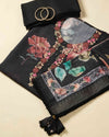Black Digital Printed Linen Kurta Set with Thread Embroidery