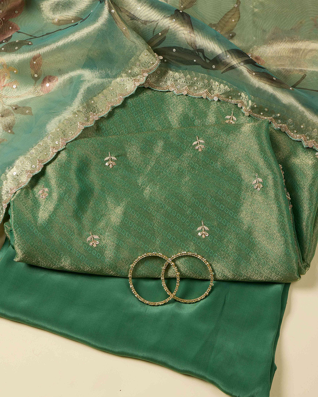 Metallic Green Tissue Jacquard Kurta Set with Zardozi & Pearl Work