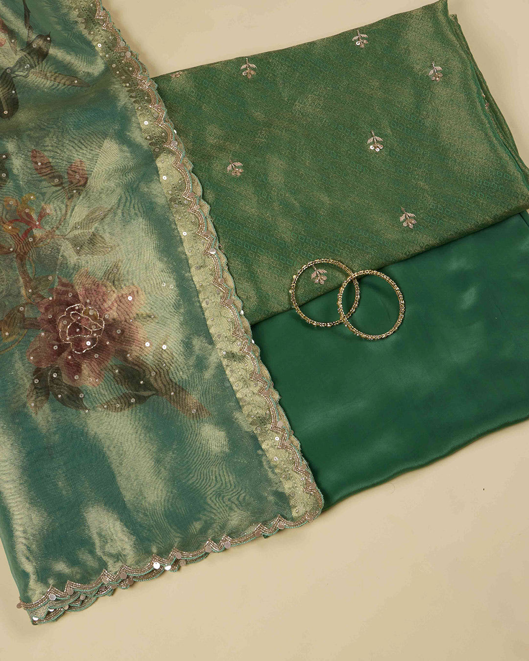Metallic Green Tissue Jacquard Kurta Set with Zardozi & Pearl Work