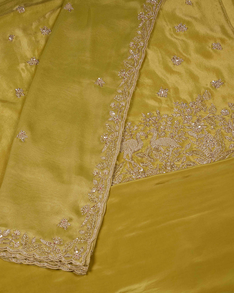 Dusty Yellow Tissue Kurta Set with Zardozi & Cut-Dana Work