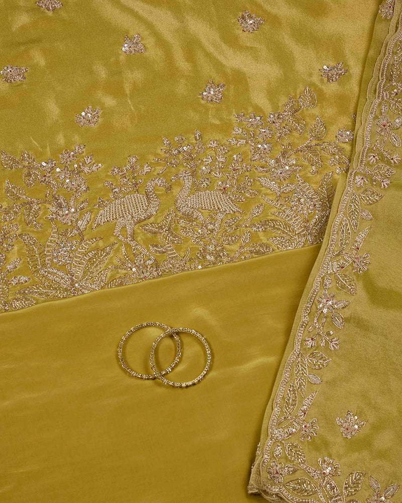 Dusty Yellow Tissue Kurta Set with Zardozi & Cut-Dana Work