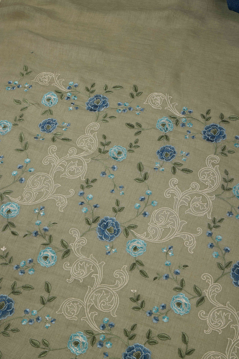 Sage Green Linen Kurta Set with All-Over Resham Embroidery