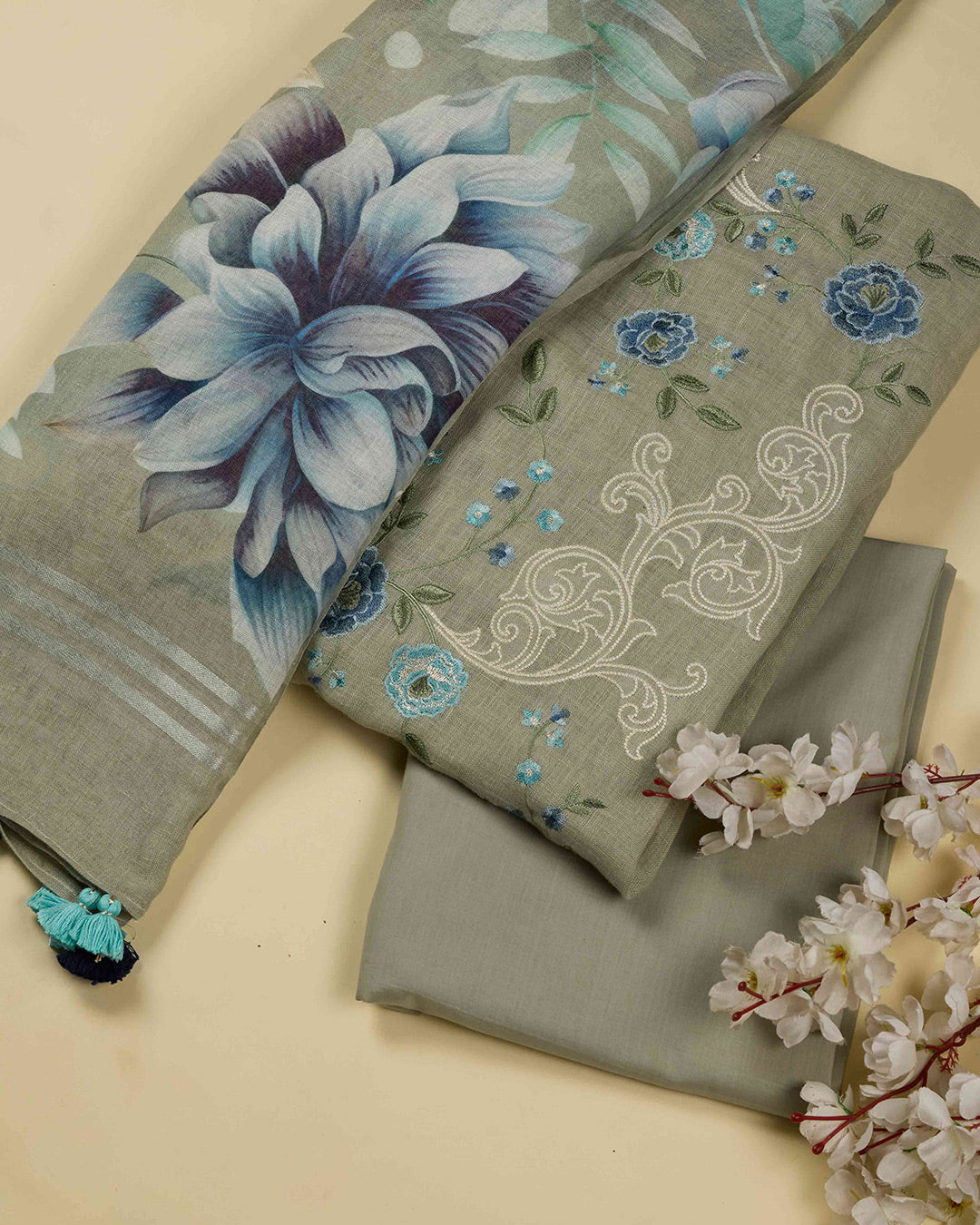 Sage Green Linen Kurta Set with All-Over Resham Embroidery