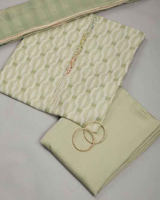 Pista Green Printed Linen Kurta Set with Resham & Sequin Work
