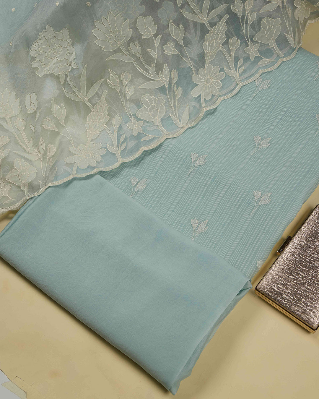 Sea Green Slub Chanderi Kurta Set with Thread Embroidery