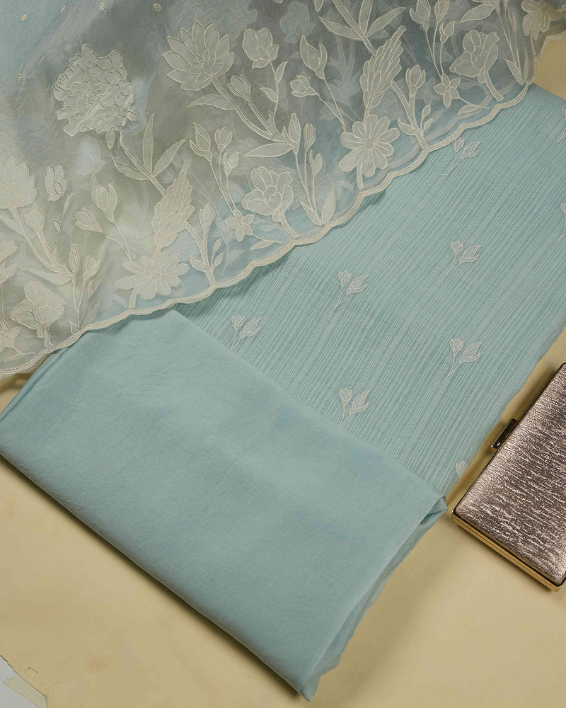Sea Green Slub Chanderi Kurta Set with Thread Embroidery