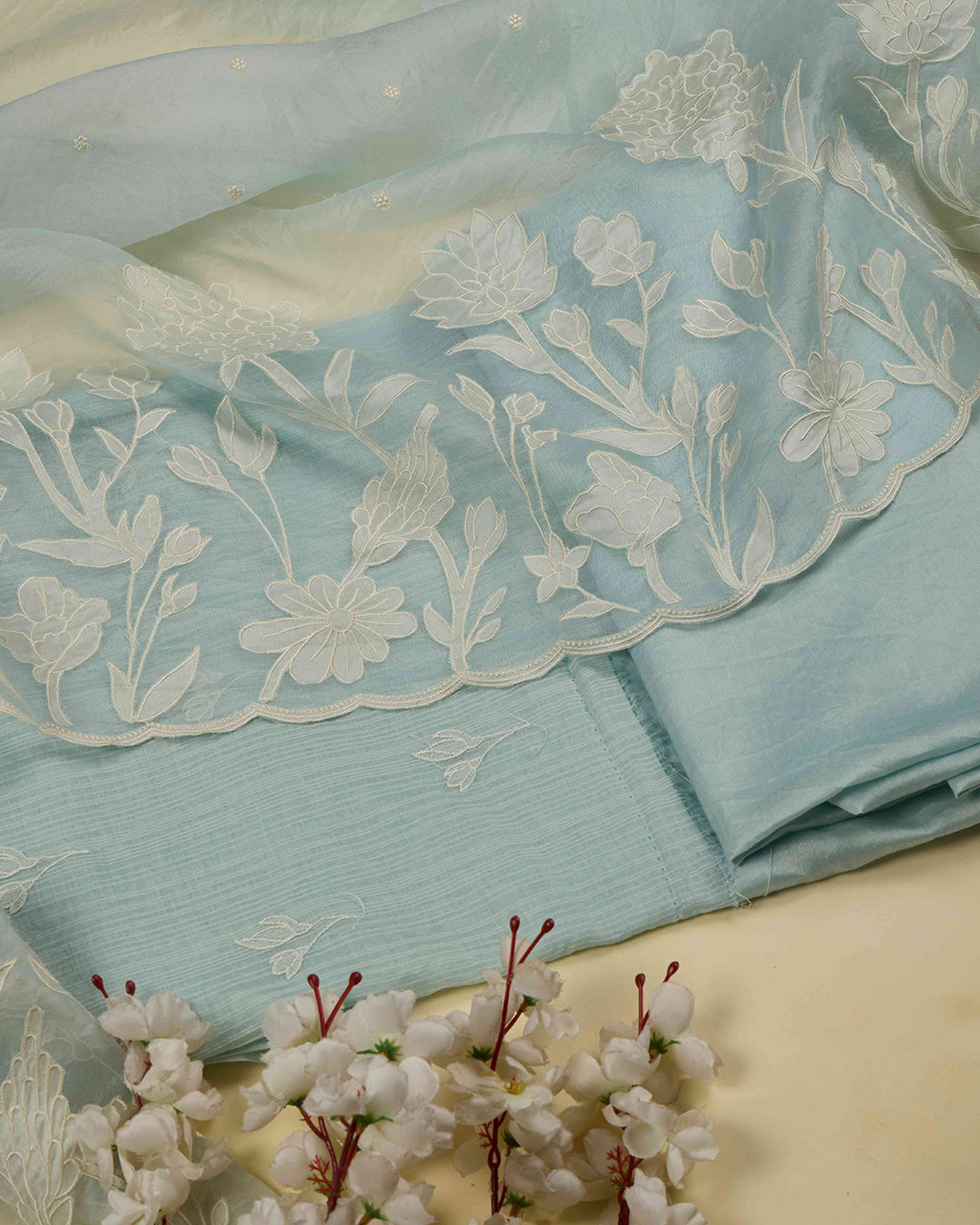 Sea Green Slub Chanderi Kurta Set with Thread Embroidery
