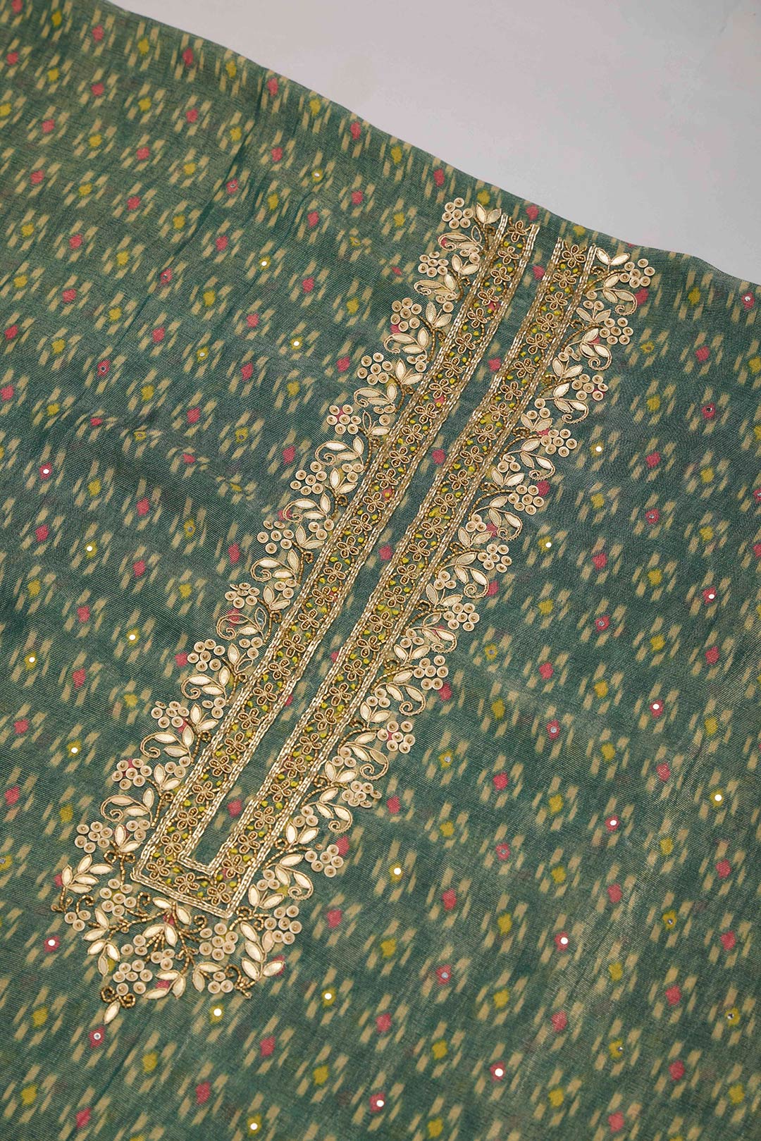 Bottle Green Printed Tissue Kurta Set with Gota & Bead Work