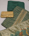 Bottle Green Printed Tissue Kurta Set with Gota & Bead Work