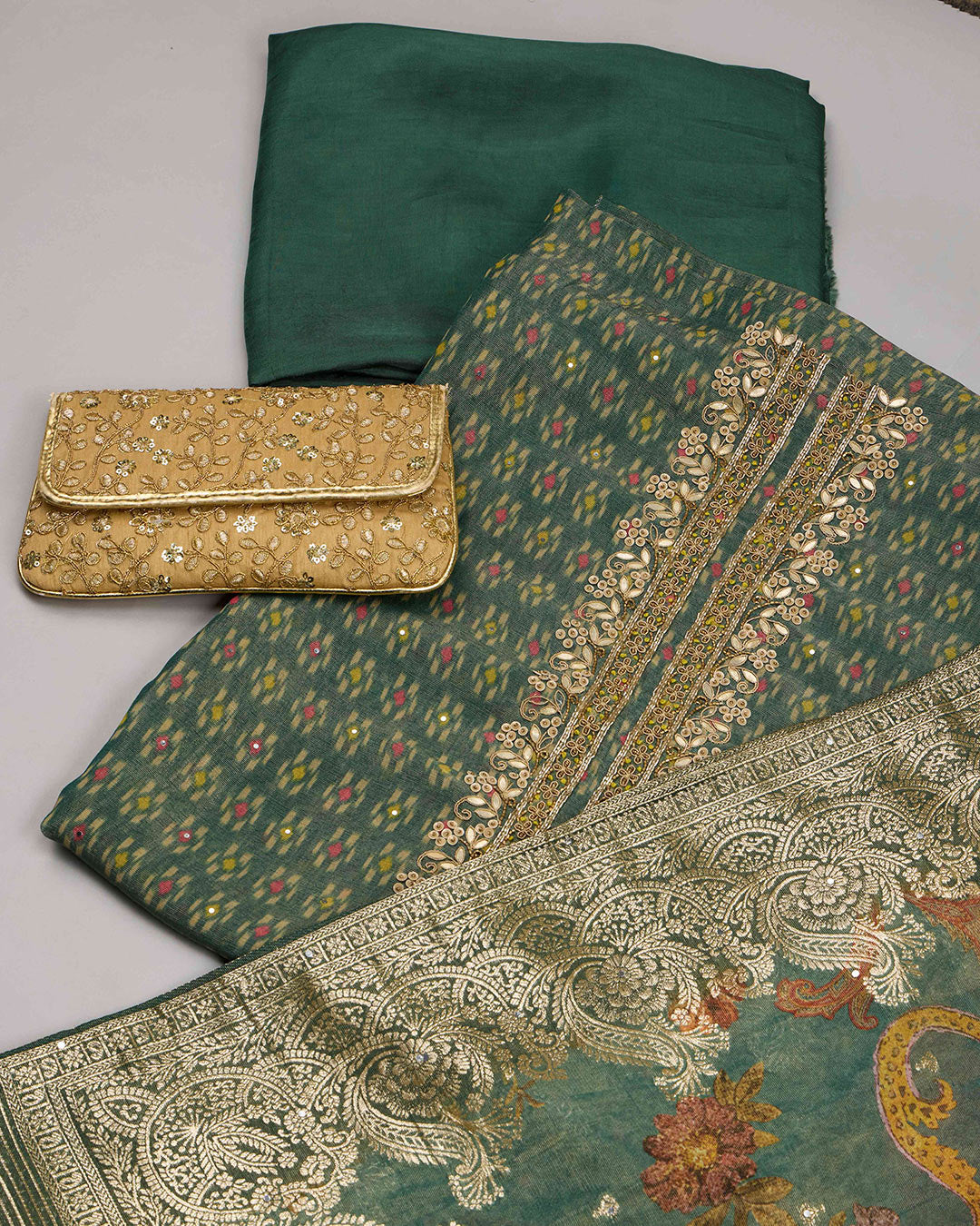 Bottle Green Printed Tissue Kurta Set with Gota & Bead Work
