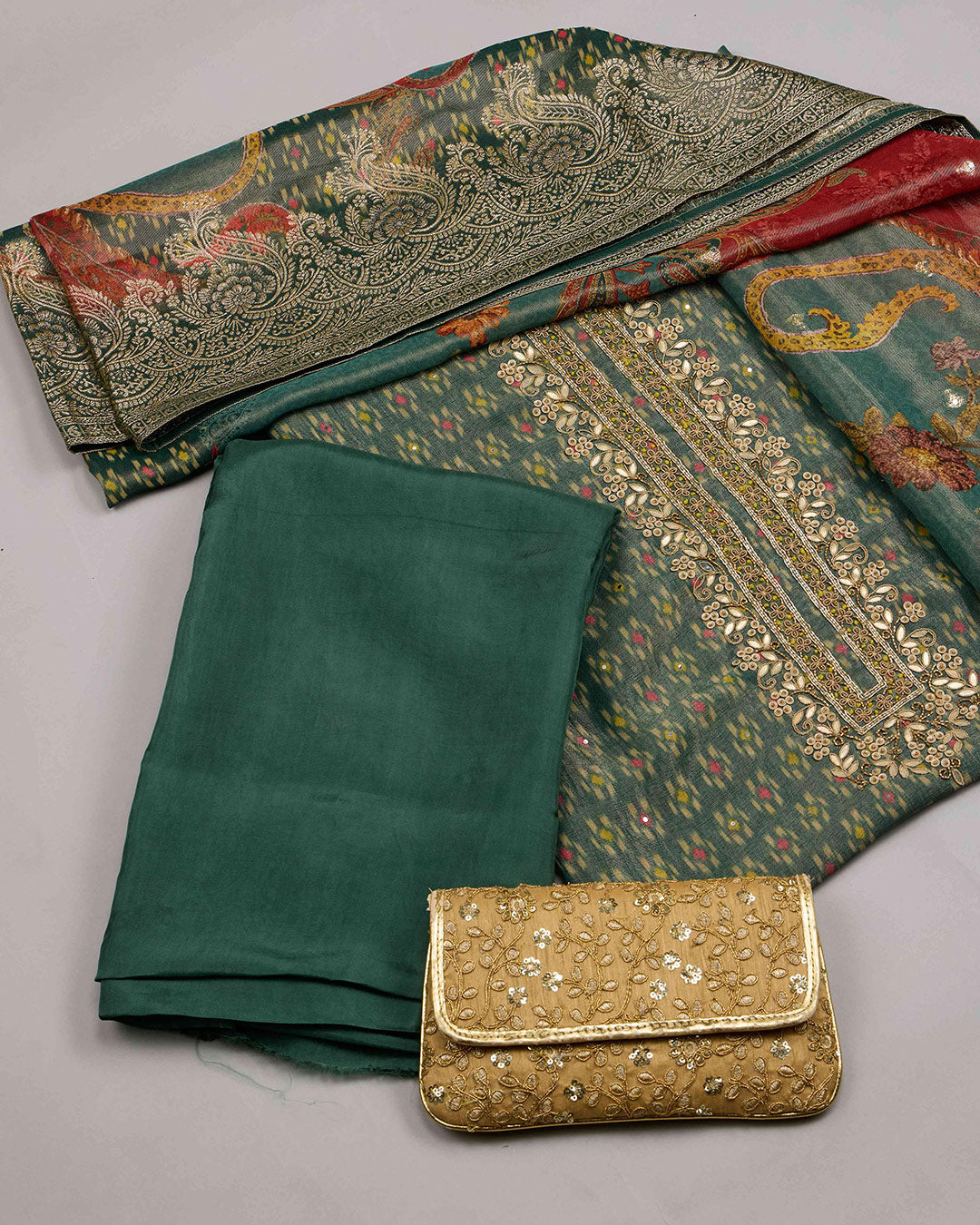 Bottle Green Printed Tissue Kurta Set with Gota & Bead Work