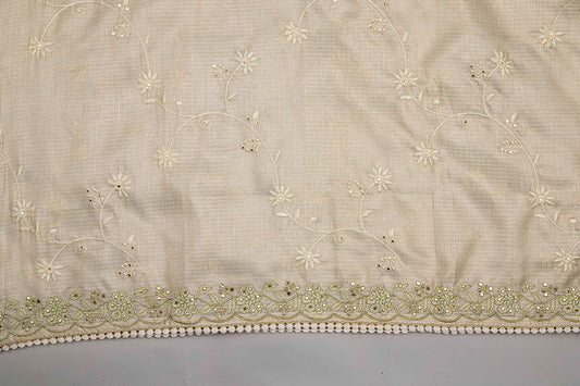 Beige-Green Tissue Kota Kurta Set with Jaal Embroidery