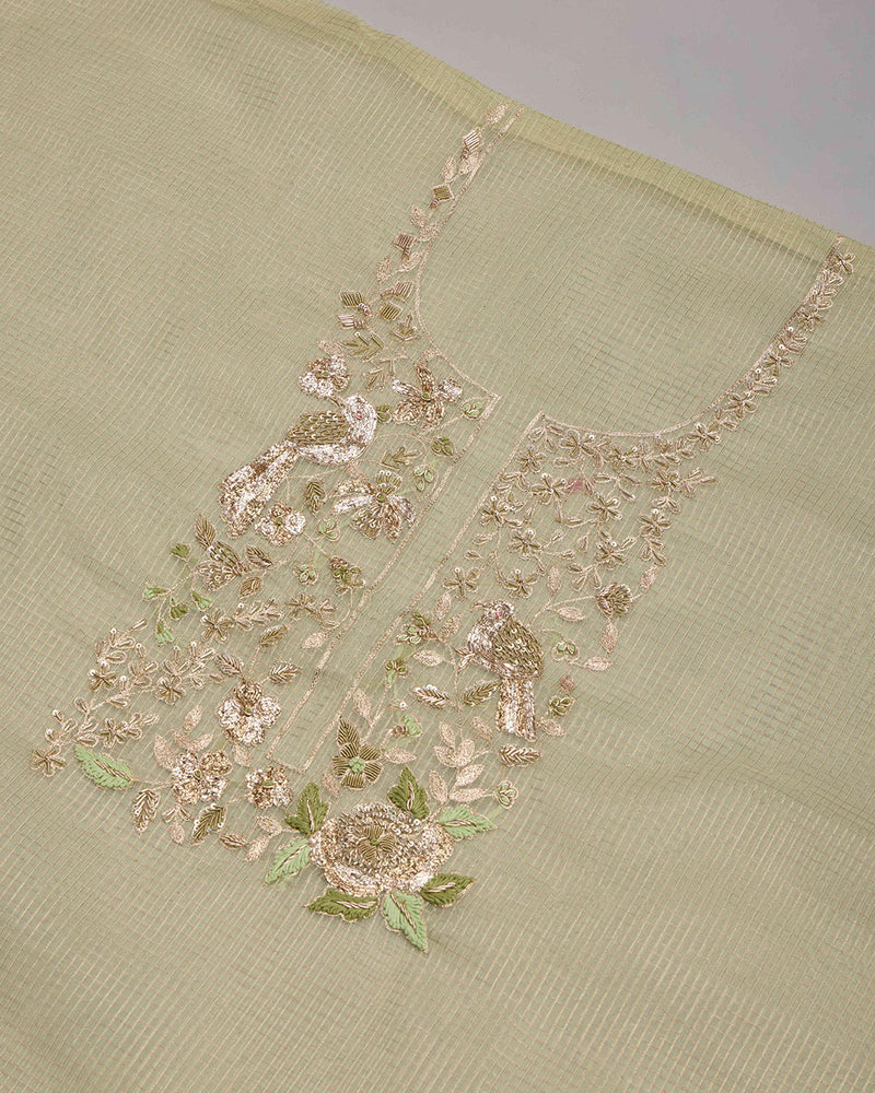 Pista Green Tissue Organza Kurta Set with Zardozi & Resham Work