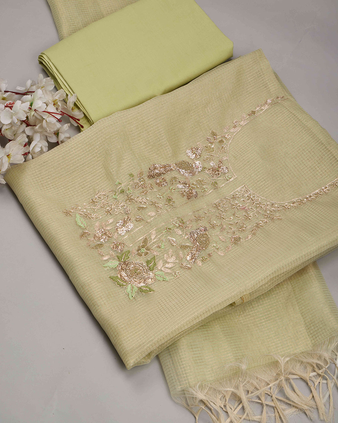 Pista Green Tissue Organza Kurta Set with Zardozi & Resham Work