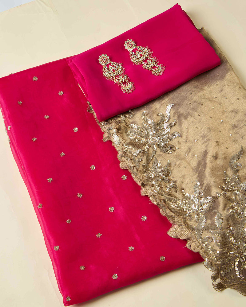 Rani Pink Silk Organza Kurta Set with Sequin Embroidery