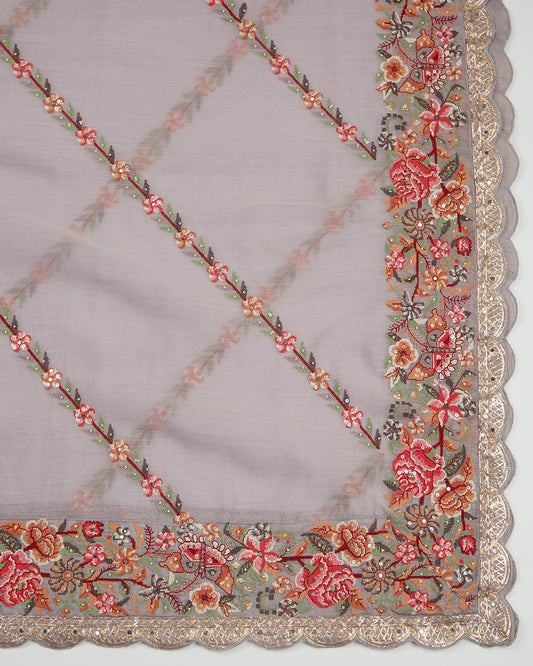 Misty Lilac Grey Chanderi Kurta Set with Zari & Cross Stitch