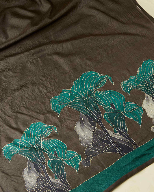Brown-Green Munga Tussar Kurta Set with Kantha Highlights