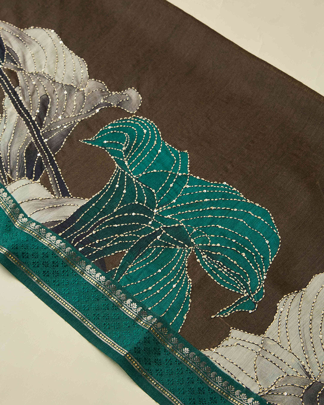 Brown-Green Munga Tussar Kurta Set with Kantha Highlights