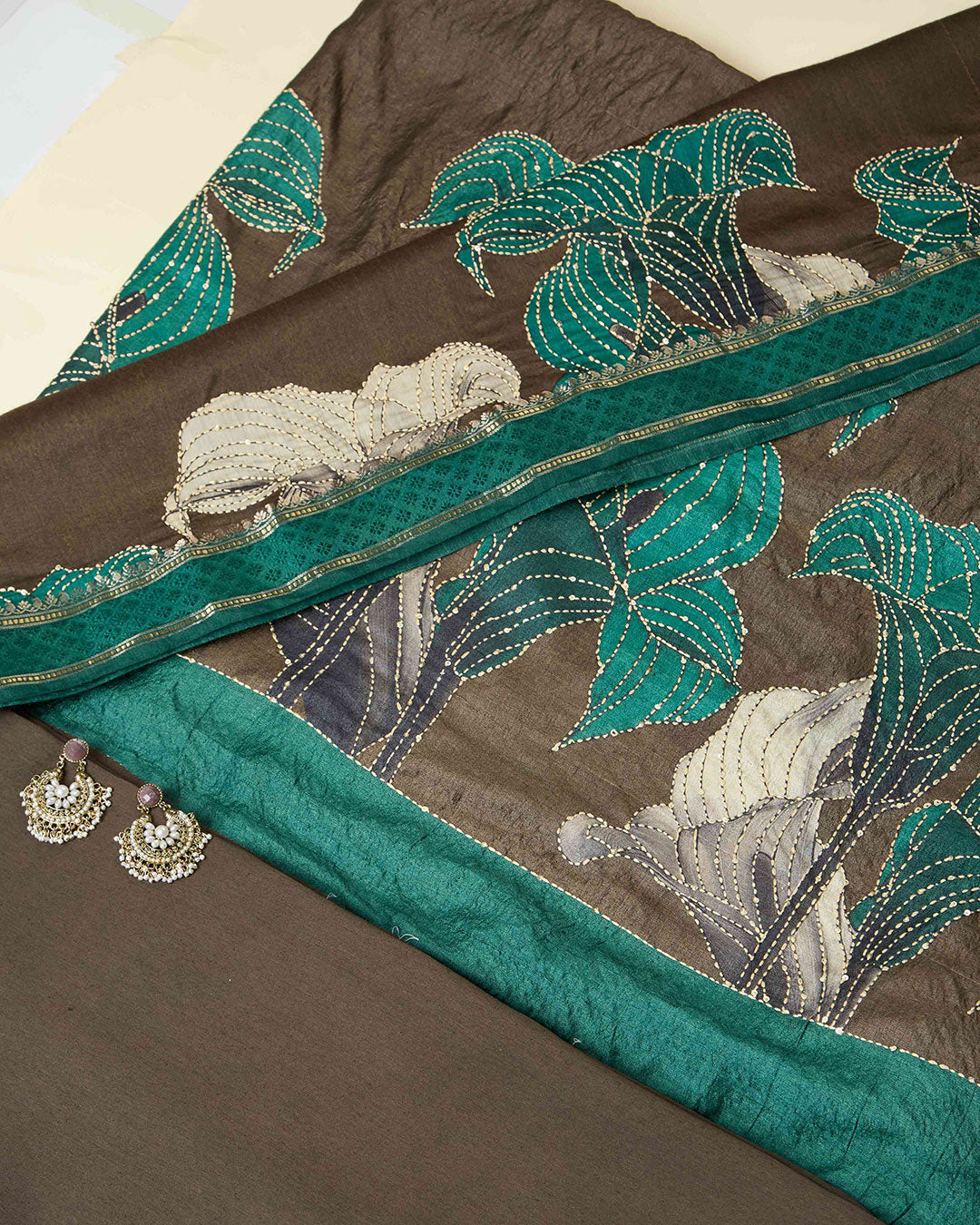 Brown-Green Munga Tussar Kurta Set with Kantha Highlights