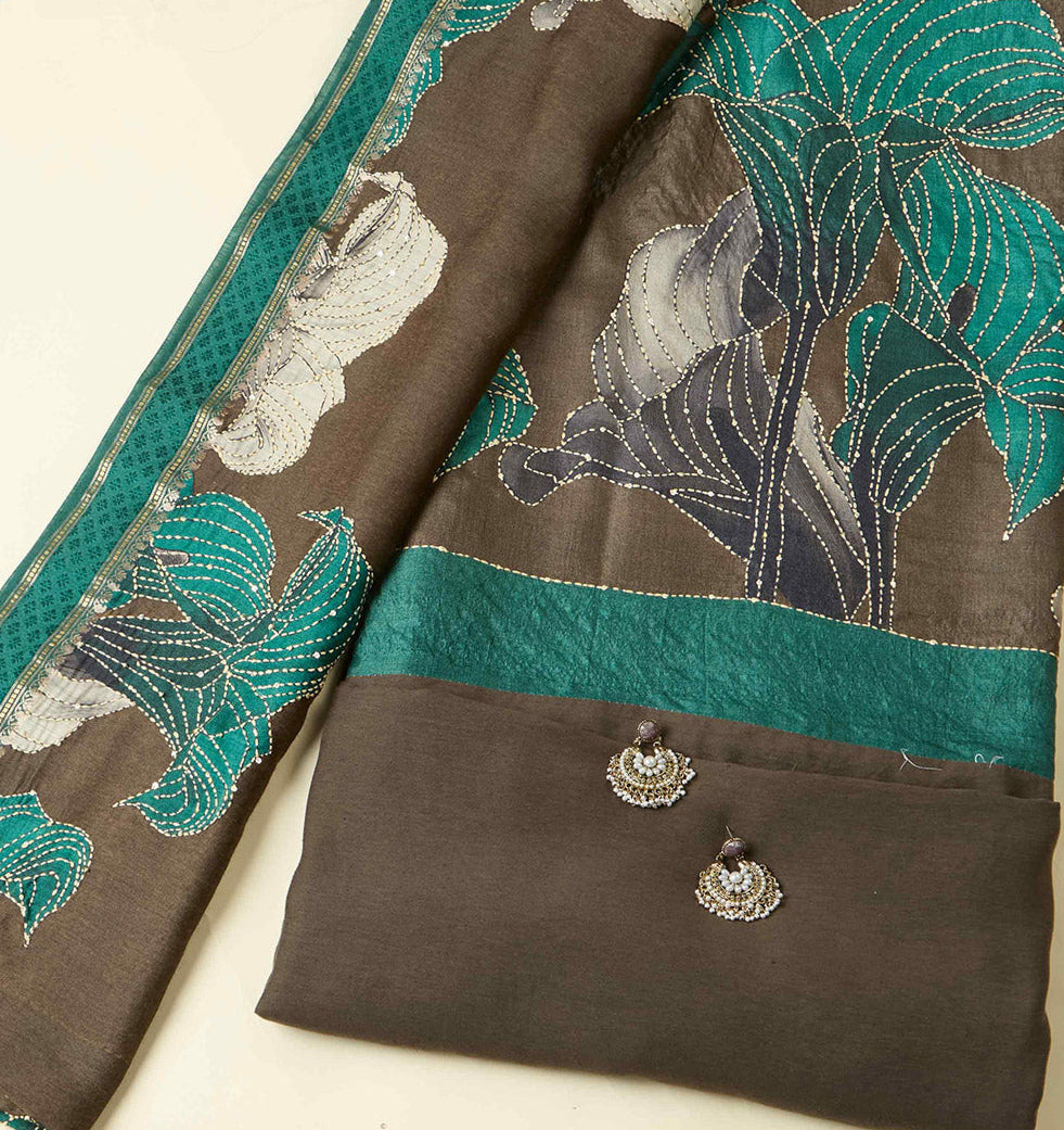 Brown-Green Munga Tussar Kurta Set with Kantha Highlights