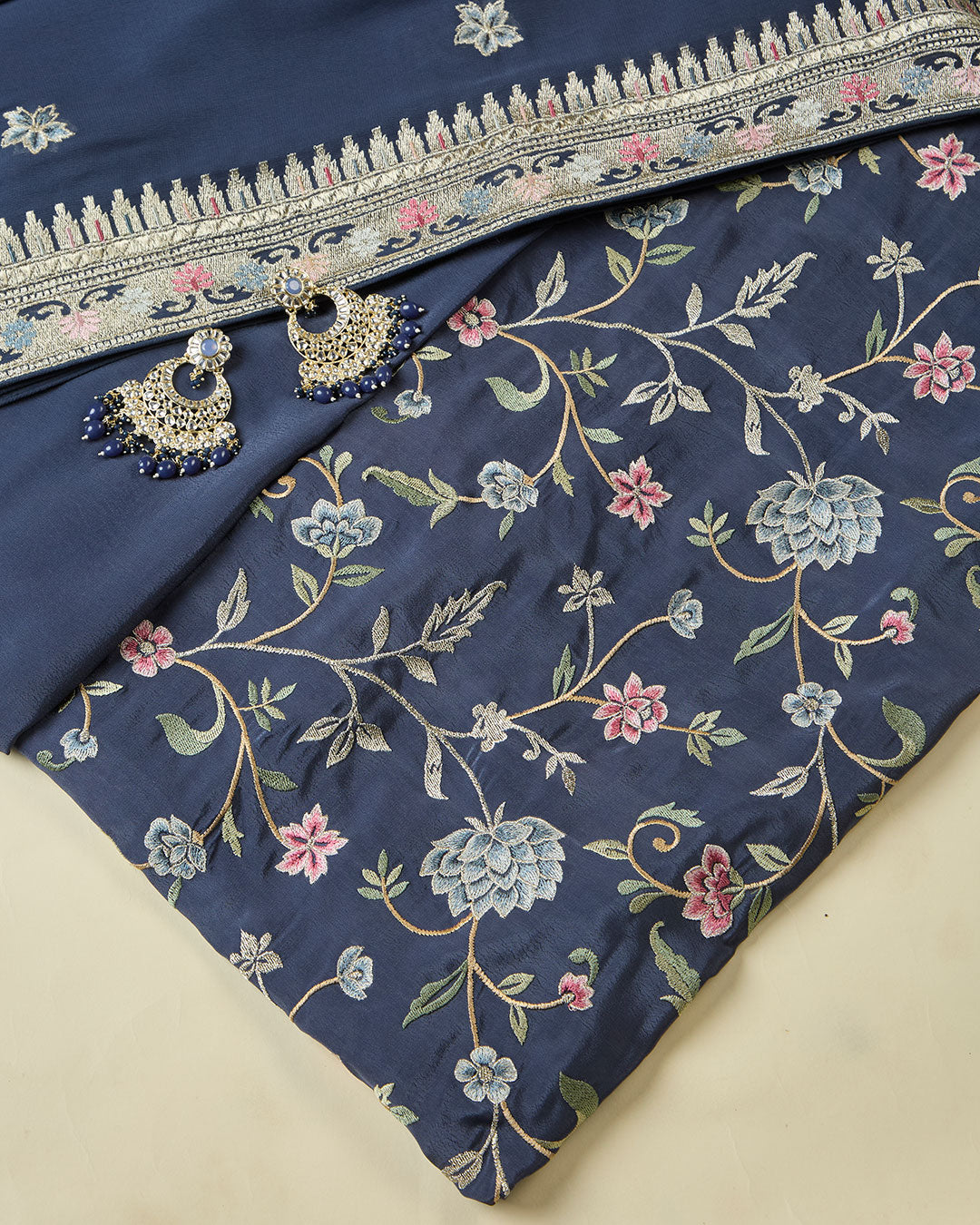 Blueish Grey Crepe Kurta Set with Resham & Zari Embroidery