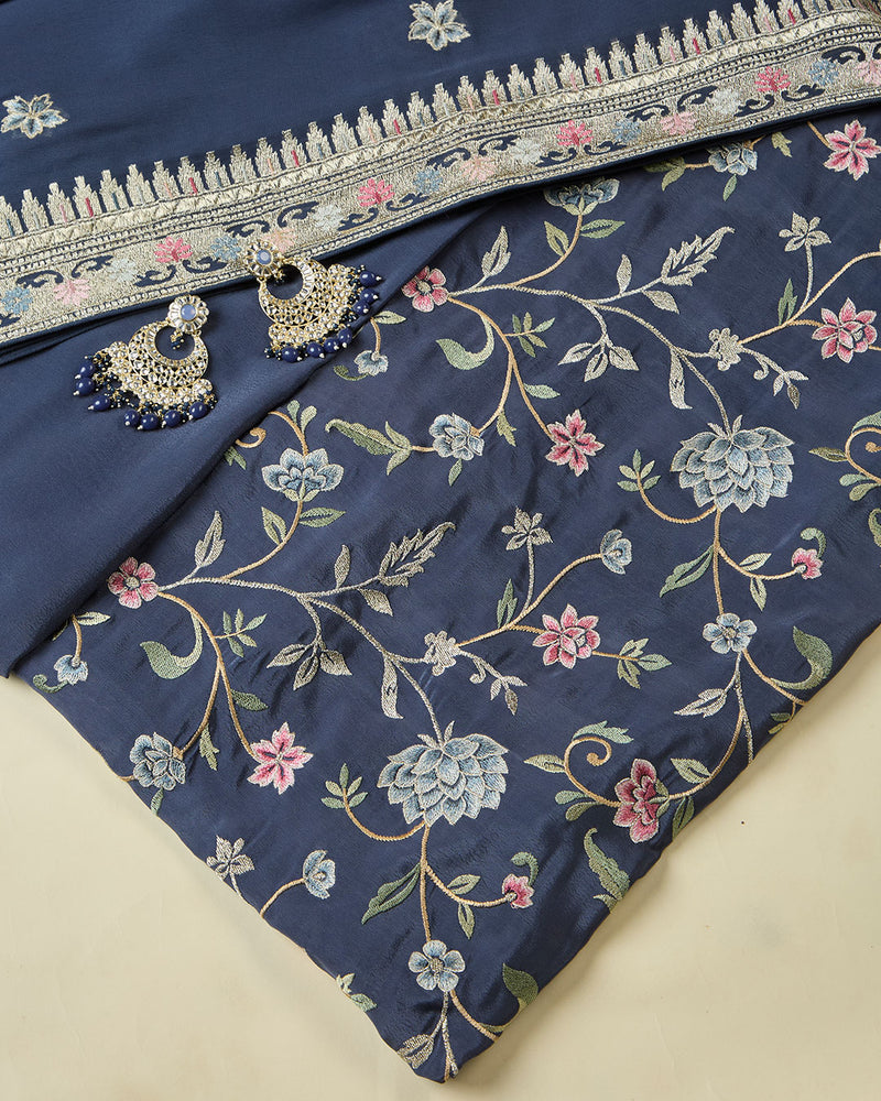Blueish Grey Crepe Kurta Set with Resham & Zari Embroidery