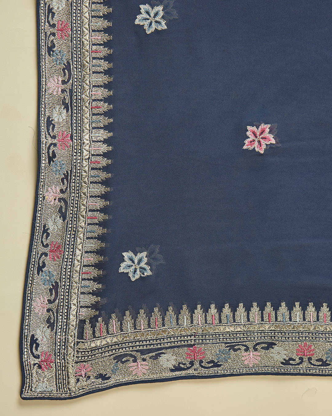 Blueish Grey Crepe Kurta Set with Resham & Zari Embroidery