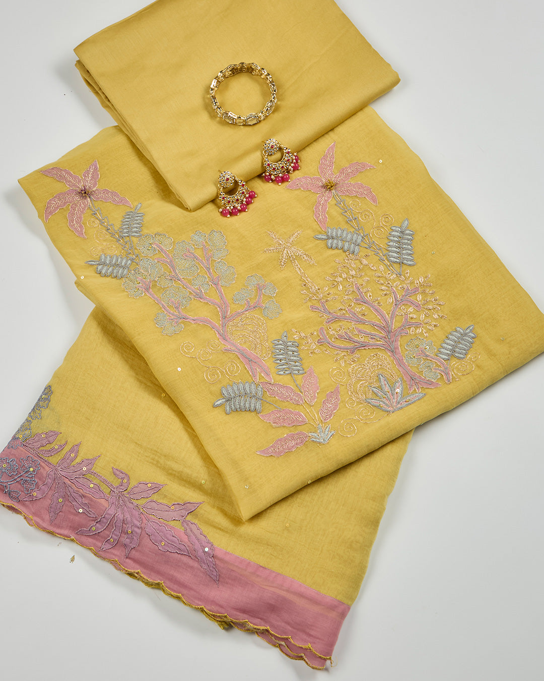 Yellow Chanderi Kurta Set with Zari, Resham & Patch Work