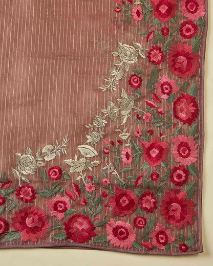 Brown Silk Organza Kurta Set with Resham & Zari Embroidery