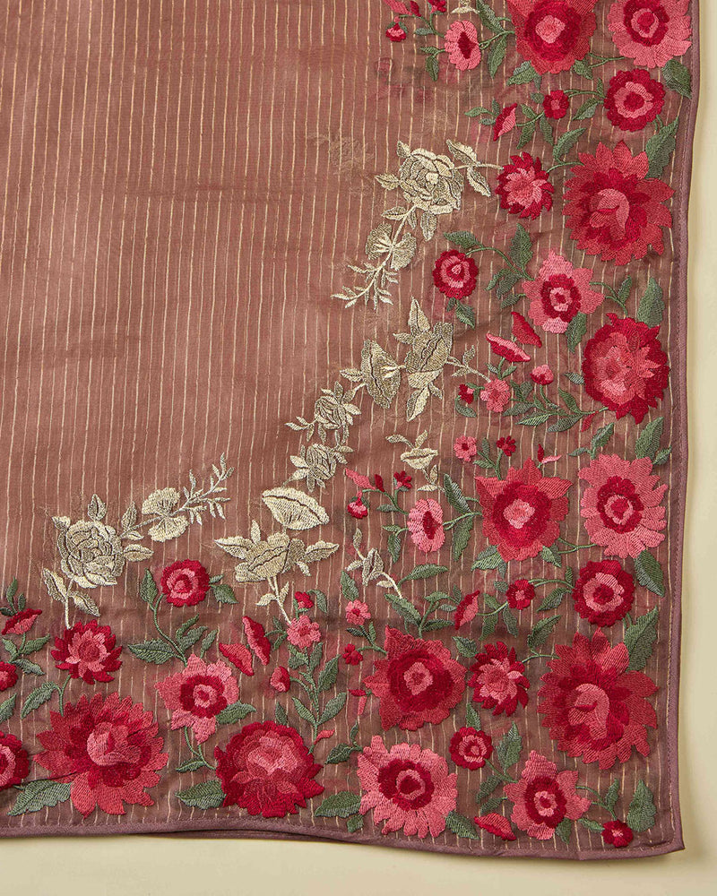 Brown Silk Organza Kurta Set with Resham & Zari Embroidery