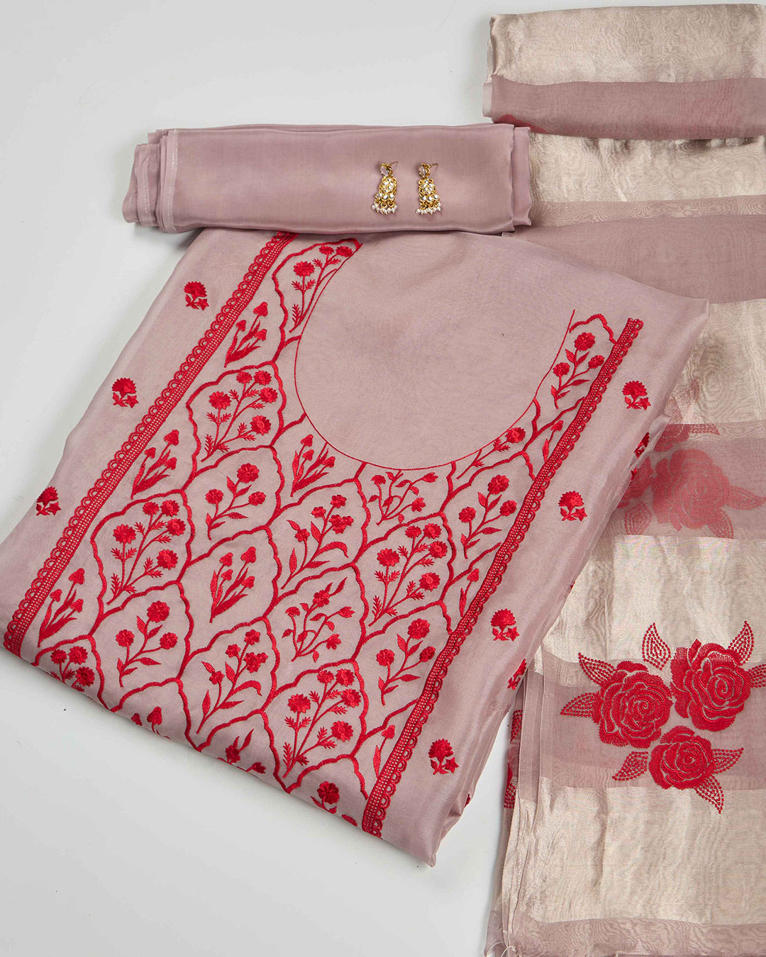 Lilac Silk Organza Kurta Set with All-Over Resham Embroidery
