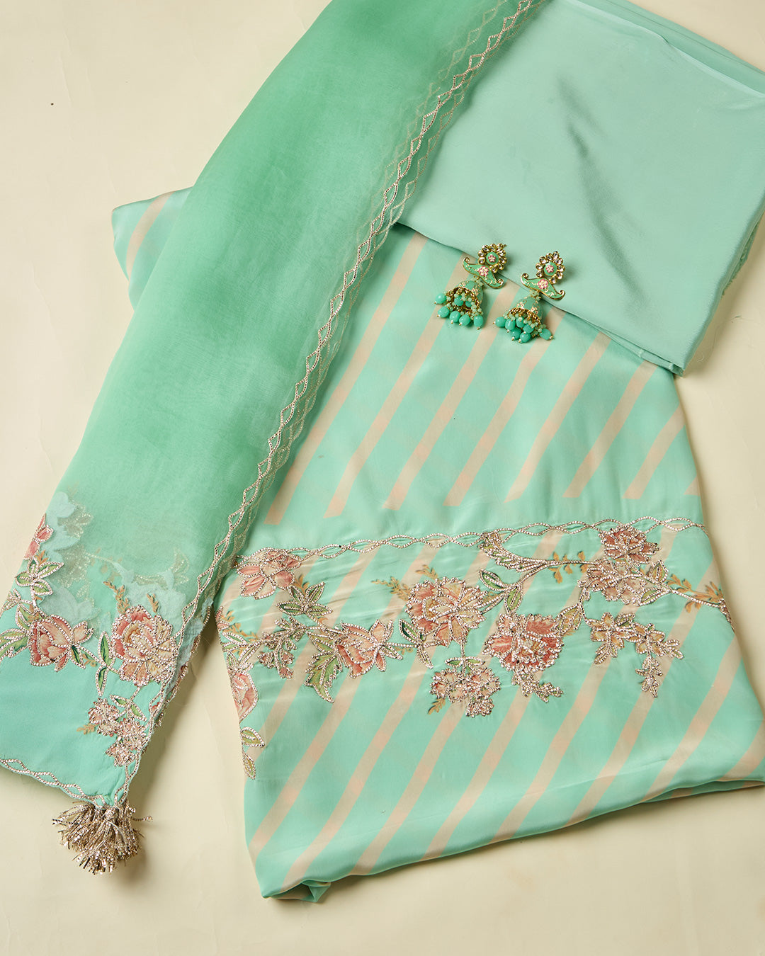 Pista Green Leheriya Crepe Kurta Set with Digital Print & Gota