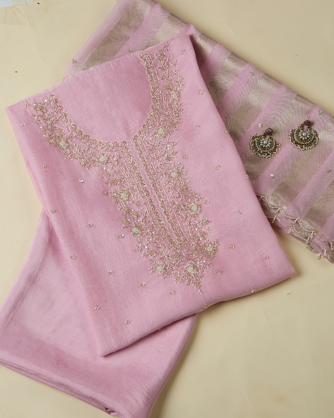 Pink Chanderi Kurta Set with Sequin, Cutdana & Pearl Work