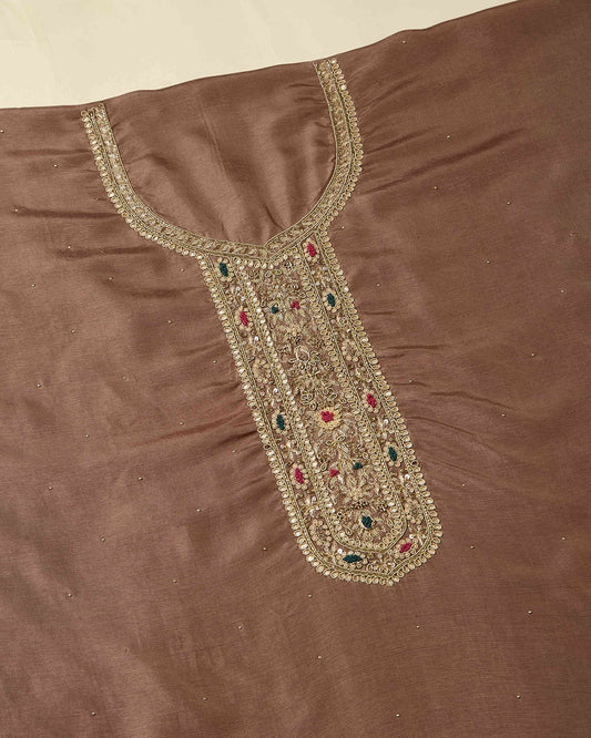 Brown Art Dupion Kurta Set with Zardozi & Gota Embroidery