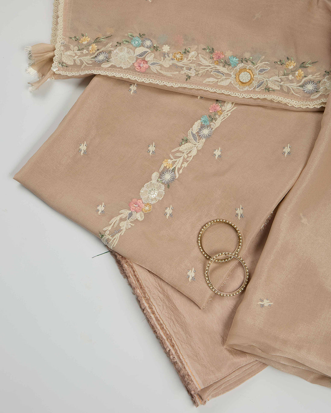 Dusty Peach Tissue Kurta Set with Zari & Resham Embroidery