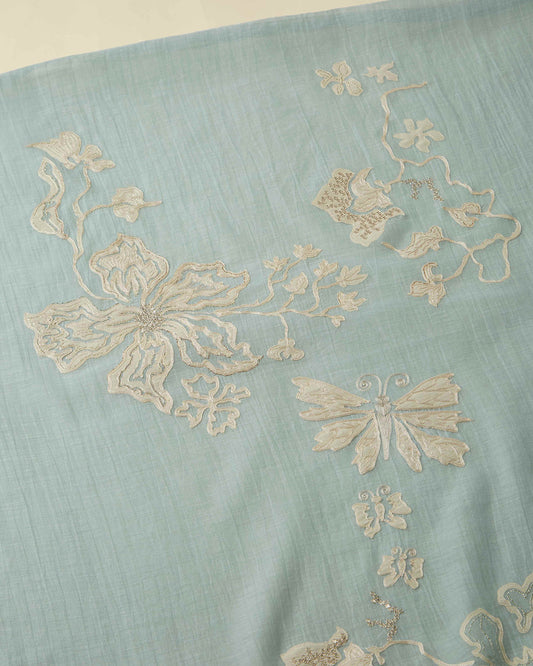 Bluish Grey Chanderi Kurta Set with Appliqué Embroidery