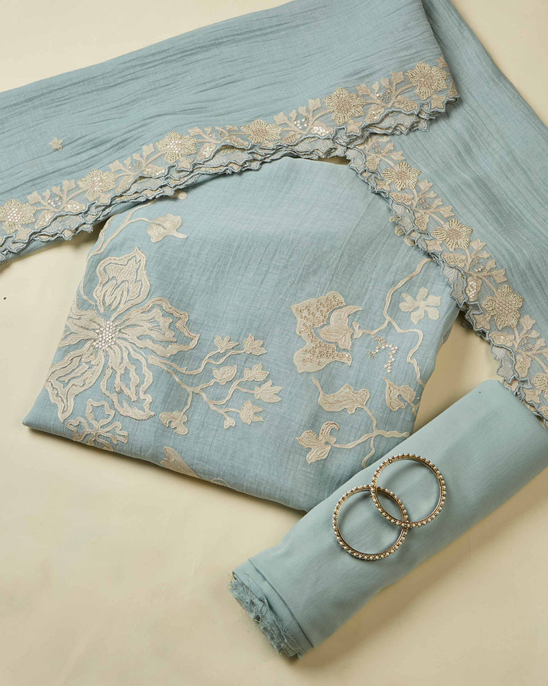 Bluish Grey Chanderi Kurta Set with Appliqué Embroidery