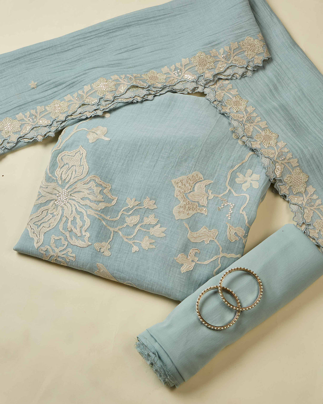 Bluish Grey Chanderi Kurta Set with Appliqué Embroidery