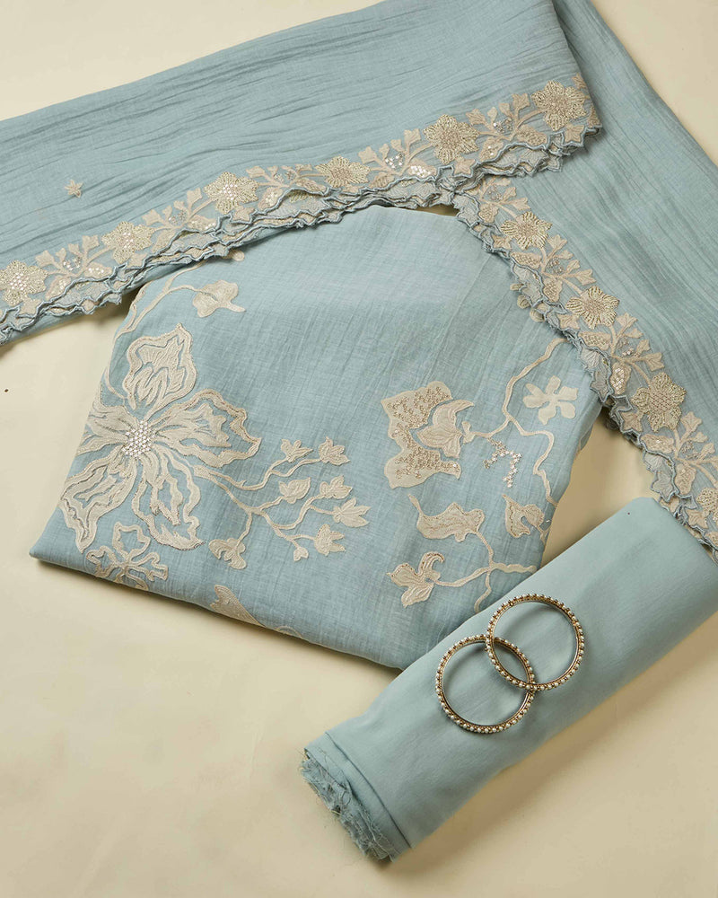 Bluish Grey Chanderi Kurta Set with Appliqué Embroidery